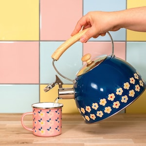 BEAUTIFUL STOVE TOP Singing Kettle Midnight Navy Blue - All Hob Types and Induction and Gas - Tea Pot Real Wood Handle Stainless Steel