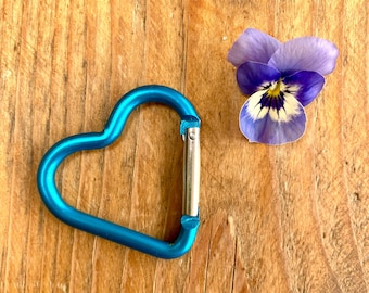 May include: A blue heart-shaped carabiner clip on a wooden surface with a purple and white pansy flower.