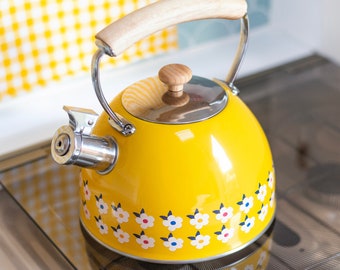 BEAUTIFUL STOVE TOP Singing Tea Kettle Pot Yellow - All Hob Types Including Induction and Gas - Lovely Real Wood Handle Stainless Steel Gift