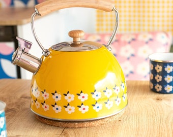 2.5L WHISTLING KETTLE Stainless Steel Tea Pot Honey Yellow Bright Colourful Unique Gift Her Spring Summer Camping Glamping Home Enamelhappy