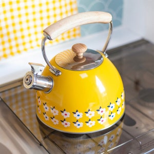 BEAUTIFUL STOVE TOP Singing Tea Kettle Pot Yellow - All Hob Types Including Induction and Gas - Lovely Real Wood Handle Stainless Steel Gift