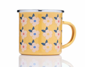 YELLOW ENAMEL MUG Honey Camping Pretty Stylish Retro Floral Graphic Flowers Gardening Tin Cup - Allotment - Funky - Fun