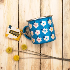 BLUE ENAMEL MUG Camping Teal Pretty Stylish Retro Floral Flowers Allotment Tin Cup Beach Camp Garden Nostalgia Camp Funky Camper Kitsch Gift