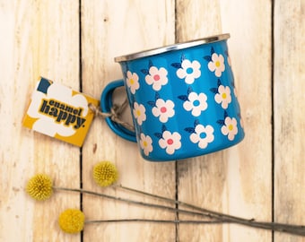 Blue Enamel Camping Mug: Retro Floral Design, 350ml