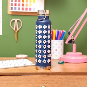 650ml Copper Insulated Retro Floral Print Water Bottle Flask Large Quality Daisy Eclectic Kitsch Vintage Navy Blue Uk Small Independent