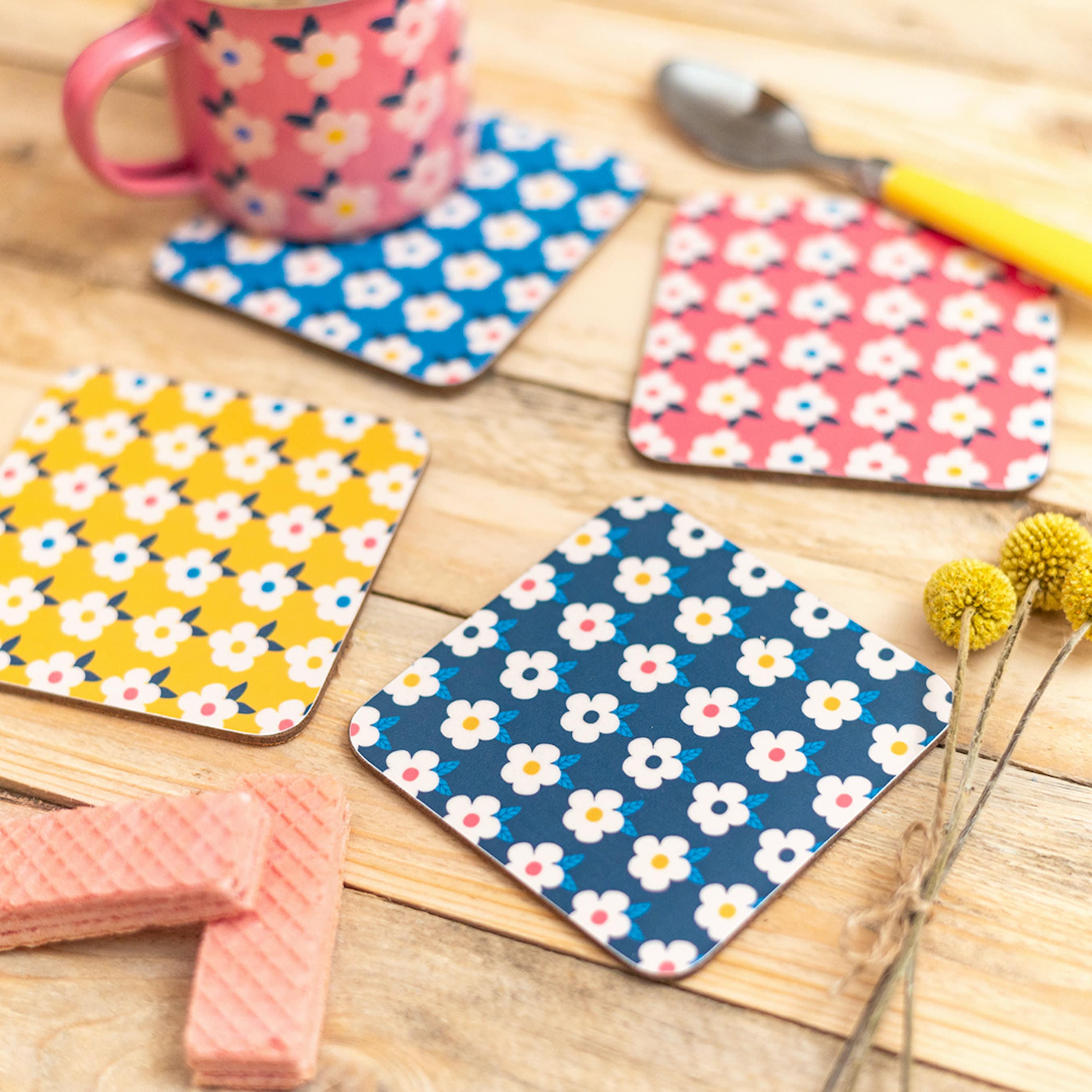 COLOURFUL COASTER SET Set of Four Retro Daisy Print Style Stylish Floral Cork Fun Rainbow Pink Yellow Blue Navy Enamelhappy Etsy Ireland