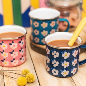 ENAMEL MUG SET Pretty Retro Floral Mugs - Camping - Allotment Tin Cup - Vintage Garden Yellow Blue Navy Pink Campervan Picnic