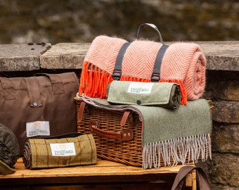 Polo Pure New Wool Picnic Rug Herringbone Flamingo & Pearl - Beautiful Tweedmill Orange Colour Pop