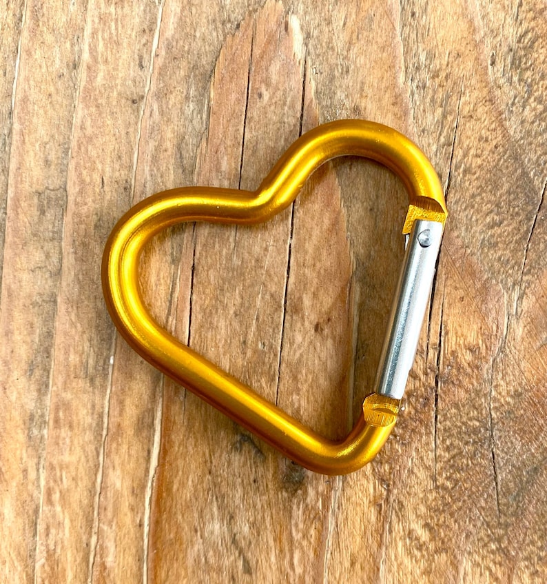 May include: A gold heart-shaped carabiner clip with a silver gate.