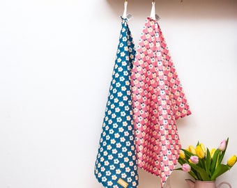 Retro Floral Cotton Tea Towels - Pink & Blue - Set of 2