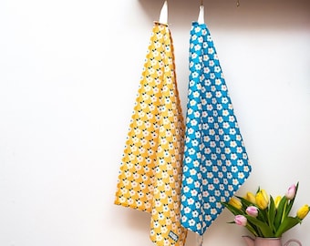 Retro Floral Tea Towels Pair: Yellow & Blue Block Print, Hanging Loop