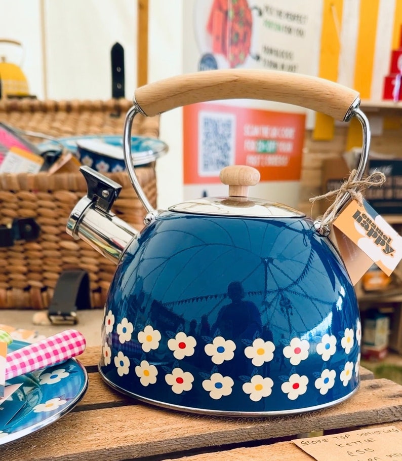 2.5L Whistling Kettle Stainless Steel Midnight Navy Blue Floral Tea Pot Beautiful Home Gift Mothers Her Unique Idea Enamelhappy image 1