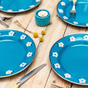 Set of Four Beautiful Enamel Plates - Camping Picnic - Ocean Teal Blue - Glamping - Enamelhappy - Alfresco Dining