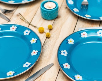 Conjunto de quatro lindos pratos de esmalte - Ideal para camping e piquenique - Azul turquesa - Perfeito para glamping - Enamelhappy - Refeições ao ar livre