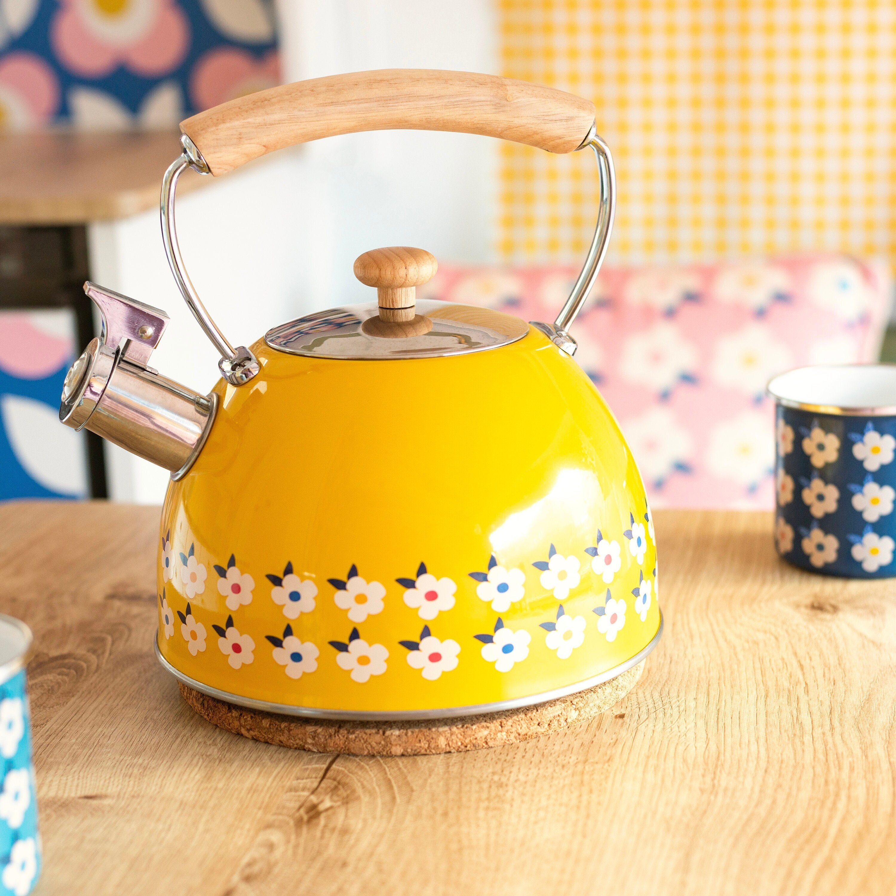 Wooden Handle Yellow Teapot,Whistling Cute Tea Kettle