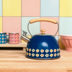 2.5L Whistling Kettle Stainless Steel Midnight Navy Blue Floral Tea Pot Beautiful Home Gift Mothers Her Unique Idea Enamelhappy image 2