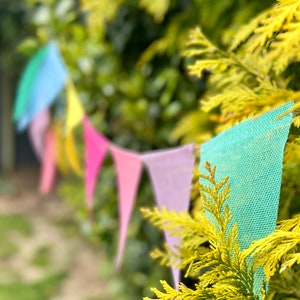 Può includere: Una ghirlanda di bandierine colorate appese a un ramo d'albero. Le bandierine sono fatte di un tessuto strutturato e sono in tonalità di blu, giallo, rosa e viola.