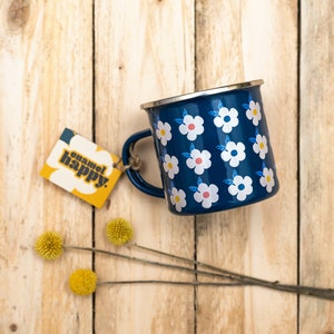 NAVY ENAMEL MUG Daisy Print Blue Pretty Vintage Style Floral Kitsch Eclectic Graphic Flowers Allotment Tin Cup Garden Camping Funky