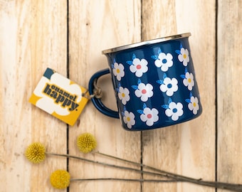 Navy Enamel Mug: Daisy Floral Print, Vintage Kitsch Style