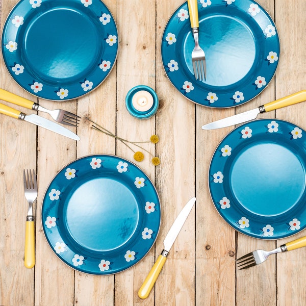 Set of Four Beautiful Enamel Plates - Camping Picnic - Ocean Teal Blue - Glamping - Enamelhappy - Alfresco Dining