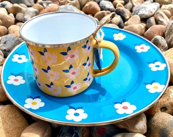 Pretty Camping Set Enamel Plate and Mug - Christmas Gift Idea - Ocean Teal Blue Honey Yellow Tin Cup - Campervan - Retro - Picnic - Outdoor