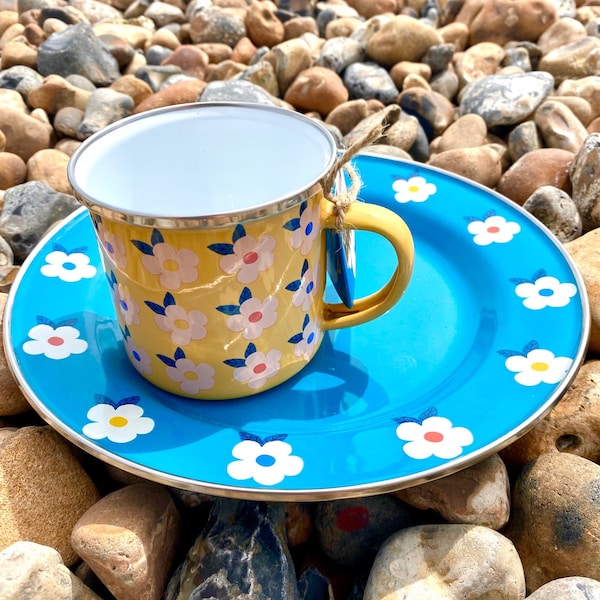 Pretty Camping Set Enamel Plate and Mug - Christmas Gift Idea - Ocean Teal Blue Honey Yellow Tin Cup - Campervan - Retro - Picnic - Outdoor