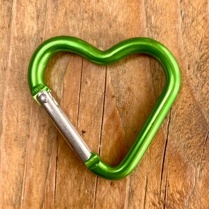 May include: A green heart-shaped carabiner with a silver metal clasp.
