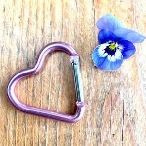 May include: A pink heart-shaped carabiner clip on a wooden surface with a purple and white pansy flower.