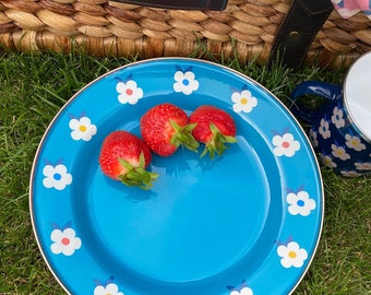 Floral Enamel Plates | Ocean Teal Blue, Retro Design, Durable Outdoor Use - Small Independent Design