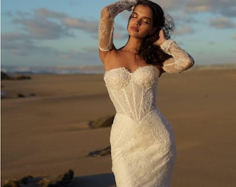 Robe de mariée sirène en dentelle avec manches amovibles – Robe de mariée élégante pour mariage sur la plage