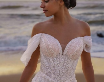 Robe de mariée de conte de fées - Robe de mariée à épaules dénudées avec corset en perles et jupe fluide en tulle