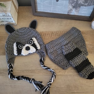Crochet Raccoon Hat and Diaper Cover Set