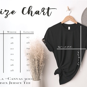 May include: Size chart for a unisex jersey tee shirt, showing width and length measurements in inches for sizes XS to 3XL. The chart is printed on a white background with black text.