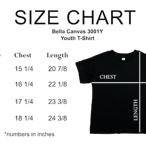 May include: Size chart for Bella Canvas 3001Y Youth T-Shirt. The chart shows chest and length measurements in inches for sizes S, M, L, and XL.