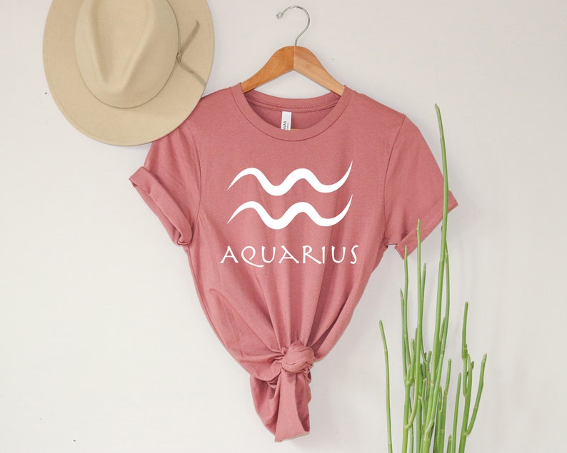 Puede incluir: Una camiseta rosa polvorienta con un gr&aacute;fico blanco del s&iacute;mbolo astrol&oacute;gico de Acuario y la palabra "Aquarius" debajo.