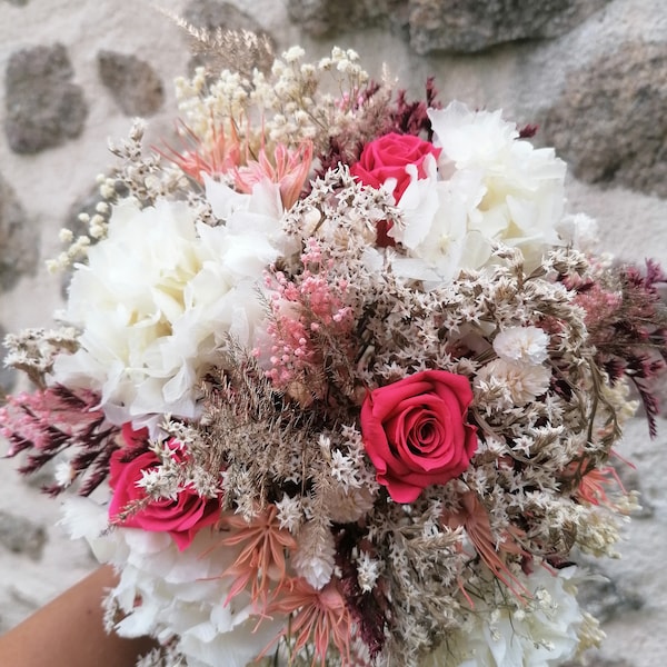 Bouquet de mariée NINA, Bouquet fleurs séchées et stabilisées Bouquet fleurs séchées rose blanc ivoire