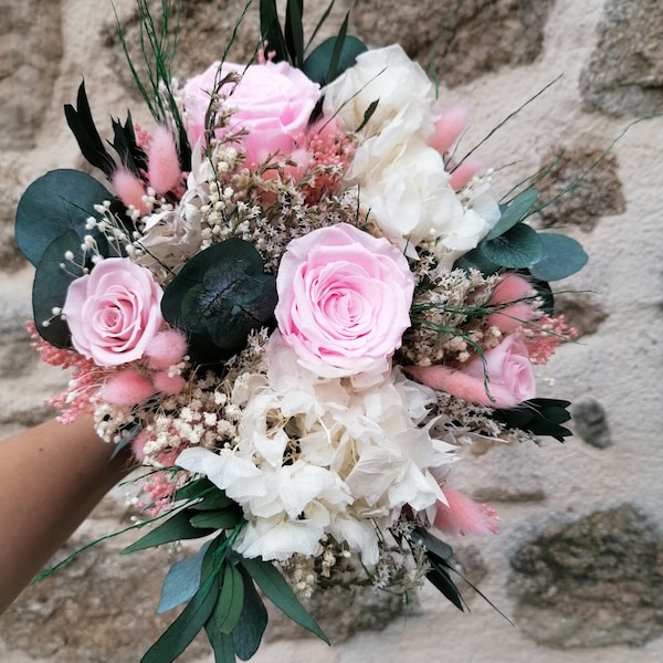 Bouquet ELEA en fleurs séchées et stabilisées, bouquet de mariée, Bouquet rose et blanc