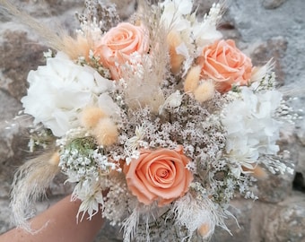 PEACH bouquet in dried and preserved flowers, country bouquet bridal bouquet