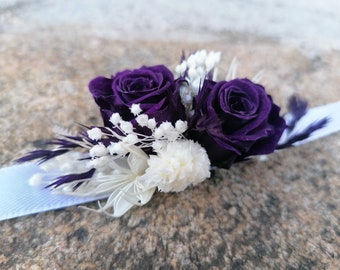 Bracelet PURPLE en fleurs séchées et stabilisées, bracelet mariée demoiselles d'honneur enfant, bracelet violet et blanc