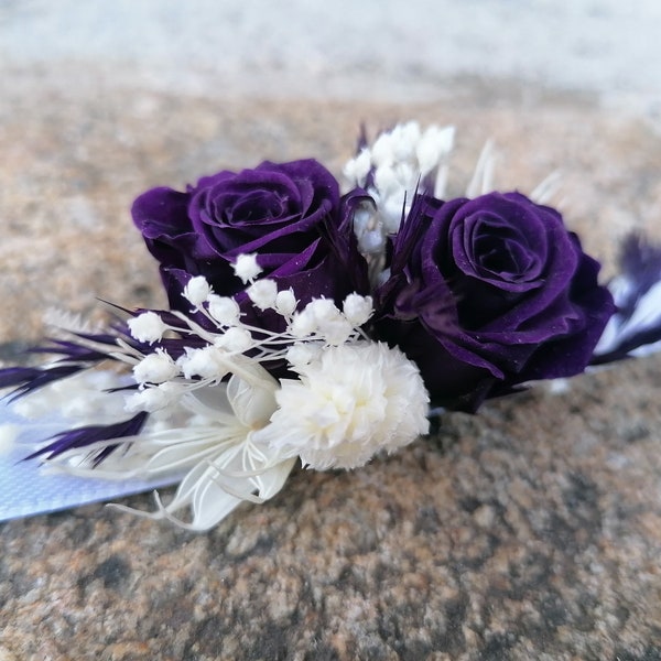 Bracelet PURPLE en fleurs séchées et stabilisées, bracelet mariée demoiselles d'honneur enfant, bracelet violet et blanc