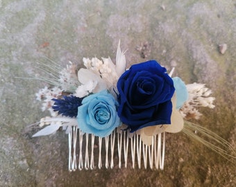 Peigne, bracelet, boutonnière MELINE en fleurs séchées et stabilisées bleu turquoise et blanc