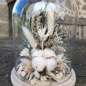 Könnte beinhalten: Eine Glaskuppel mit einem Holzsockel, die eine getrocknete Blumenarrangement enthält. Die Anordnung besteht aus weißen Wattebäuschen, getrockneten Gräsern und weißen Blumen.