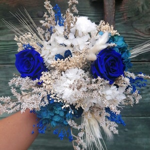 Ramo de novia OCEANE, ramo de dama de honor, ramo de flores secas y estabilizadas azules y blancas
