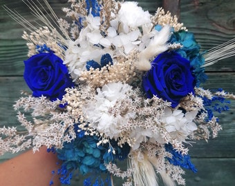 OCEANE bridal bouquet, bridesmaid bouquet, blue and white dried and stabilized flower bouquet