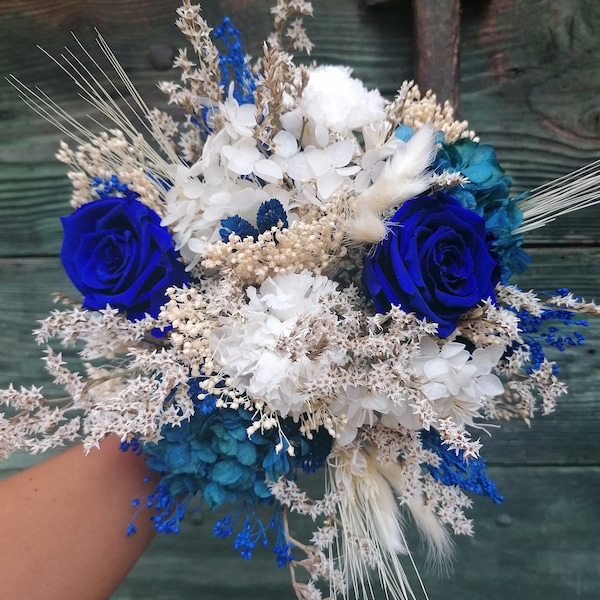 Bouquet de mariée OCEANE, Bouquet demoiselle d'honneur, bouquet fleurs séchées et stabilisées bleu et blanc