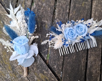 Accesorios de boda TOPAZE, boutonniere de novio, peineta de novia.