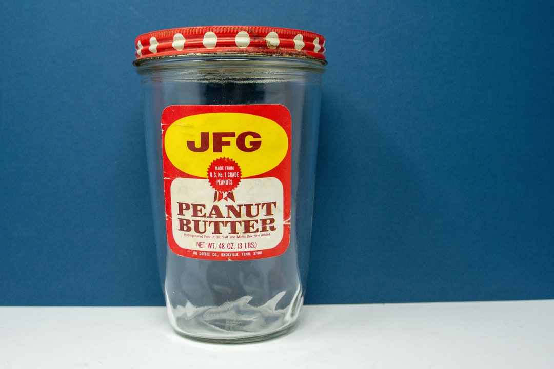 Vintage JFG 48 Ounce Glass Peanut Butter Jar With Metal Lid and Label