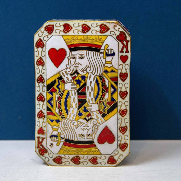 Vintage Cloisonne Playing Card Holder - Lidded Box - Trinket Box - Floral Motif WIth King of Hearts - Collectible