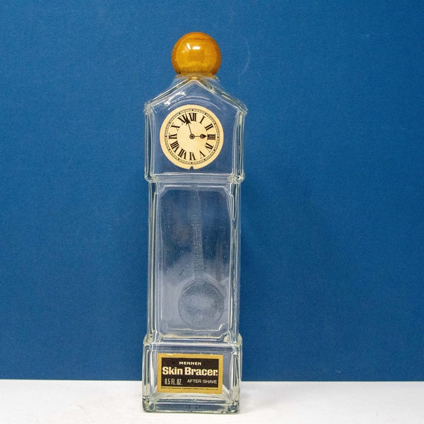 Vintage Mennen Skin Bracer After Shave Grandfather Clock Glass Bottle - Original Label - 6.5 FL Oz - Collectible