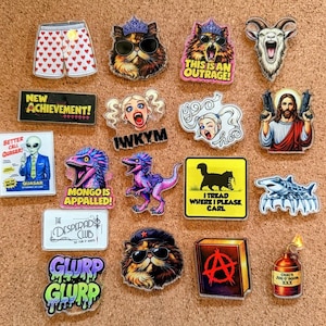 May include: A collection of colorful, quirky pins and stickers. Designs include a cat with sunglasses, a dinosaur, a cartoon alien, and text that reads "This is an Outrage!" and "New Achievement!"